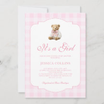 Pink Gingham Teddy Bear It's a Girl Baby Shower