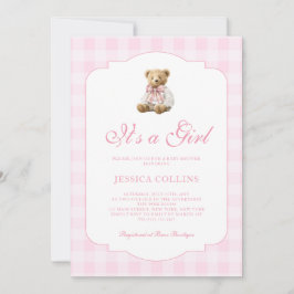 Pink Gingham Teddy Bear It's a Girl Baby Shower Einladung