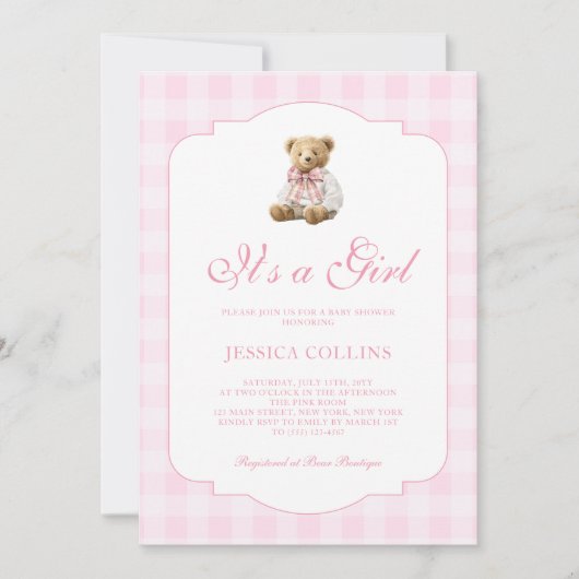 Pink Gingham Teddy Bear It's a Girl Baby Shower Einladung (Vorderseite)