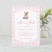 Pink Gingham Teddy Bear It's a Girl Baby Shower Einladung (Stehend Vorderseite)