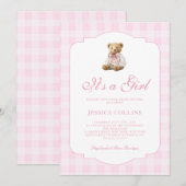 Pink Gingham Teddy Bear It's a Girl Baby Shower Einladung (Vorne/Hinten)