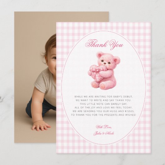 Pink Gingham Teddy Bear Neutral Baby Shower Einladung (Vorne/Hinten)