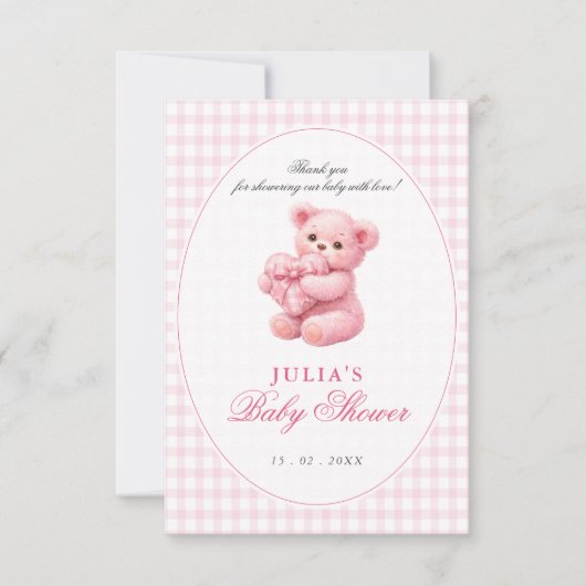 Pink Gingham Teddy Bear Neutral Baby Shower Einladung (Vorderseite)