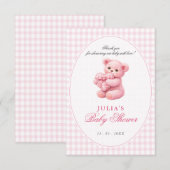 Pink Gingham Teddy Bear Neutral Baby Shower Einladung (Vorne/Hinten)