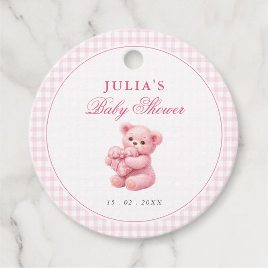 Pink Gingham Teddy Bear Neutral Baby Shower Geschenkanhänger (Vorderseite)