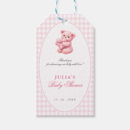 Pink Gingham Teddy Bear Neutral Baby Shower Geschenkanhänger (Vorderseite)