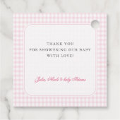 Pink Gingham Teddy Bear Neutral Baby Shower Geschenkanhänger (Rückseite)