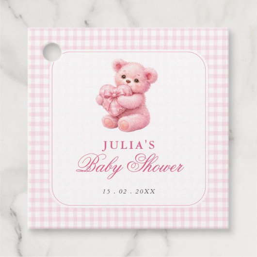 Pink Gingham Teddy Bear Neutral Baby Shower Geschenkanhänger (Vorderseite)
