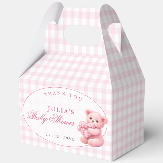 Pink Gingham Teddy Bear Neutral Baby Shower Geschenkschachtel (Vorderseite)