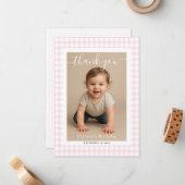 Pink Gingham Teddy Bear Neutral Baby Shower Mitteilungskarte (Vorderseite/Rückseite Beispiel)