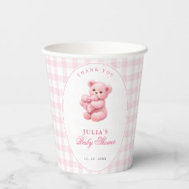 Pink Gingham Teddy Bear Neutral Baby Shower Pappbecher