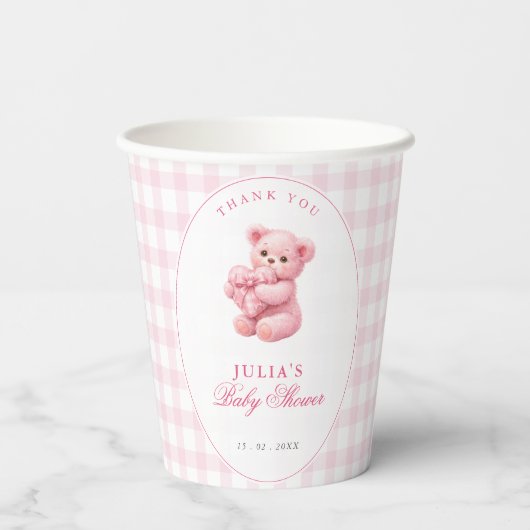 Pink Gingham Teddy Bear Neutral Baby Shower Pappbecher (Rückseite)