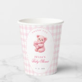 Pink Gingham Teddy Bear Neutral Baby Shower Pappbecher (Vorderseite)