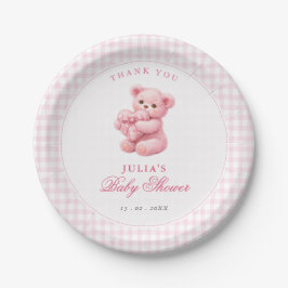 Pink Gingham Teddy Bear Neutral Baby Shower Pappteller