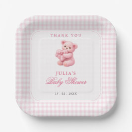 Pink Gingham Teddy Bear Neutral Baby Shower Pappteller