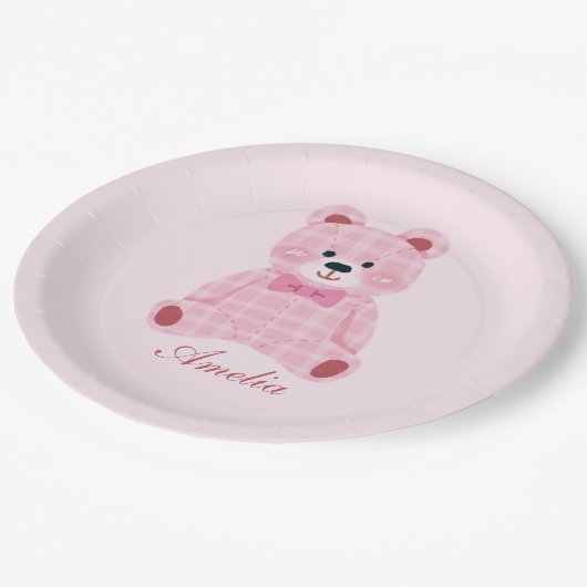 Pink Gingham Teddy Pappteller (Schrägansicht)