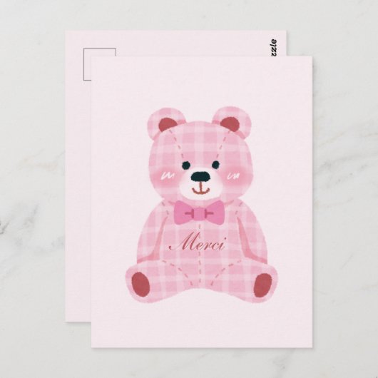 Pink Gingham Teddy Postkarte (Vorne/Hinten)