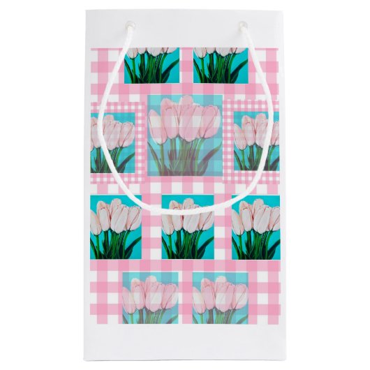 Pink Gingham Tulip Geschenktasche Kleine Geschenktüte (Rückseite)