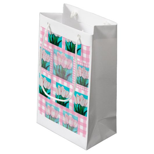 Pink Gingham Tulip Geschenktasche Kleine Geschenktüte (Rückseite Schrägansicht)