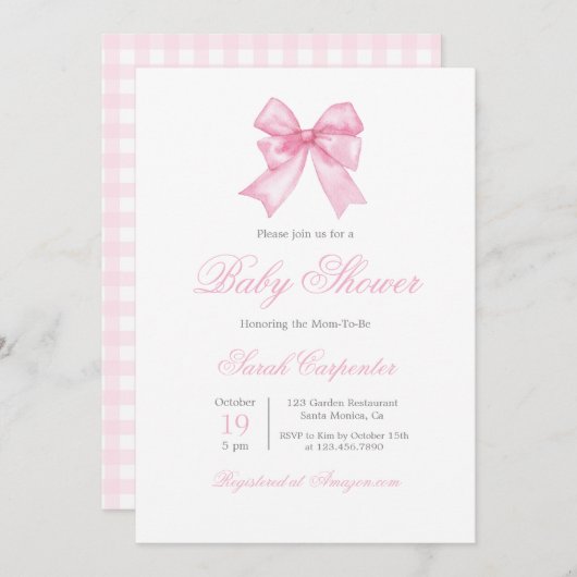 Pink Gingham und Bow Baby Shower Girl Einladung (Vorne/Hinten)