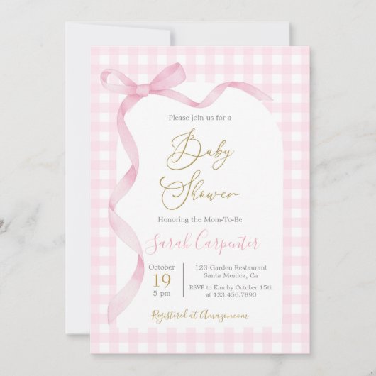 Pink Gingham und Bow Baby Shower Girl Einladung (Vorderseite)