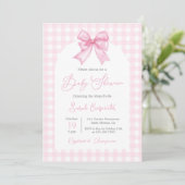 Pink Gingham und Bow Baby Shower Girl Einladung (Stehend Vorderseite)