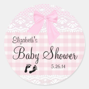 Pink Gingham und Lace Image Baby Dusche- Runder Aufkleber