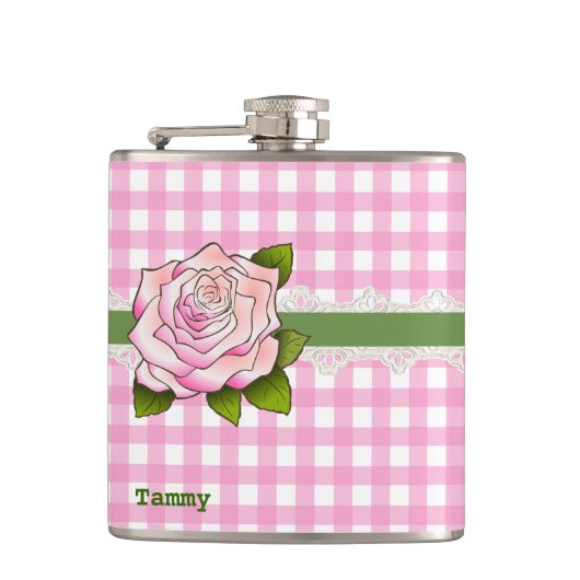 Pink Gingham und Rose Custom Flask Flachmann (Vorderseite)