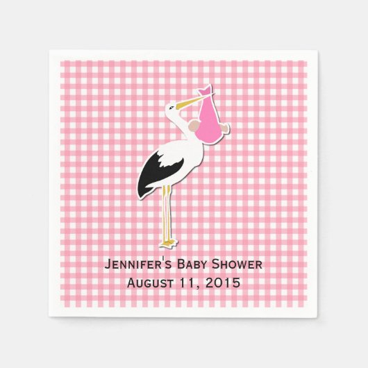 Pink Gingham und Stork Baby Showpaper Napkins Serviette (Vorderseite)