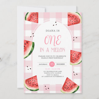 Pink Gingham Watermelon First Birthday Invitation Einladung