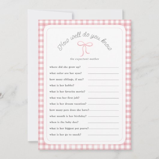 Pink Gingham Wie gut kennen Sie Dusche Game Card? Einladung (Vorderseite)
