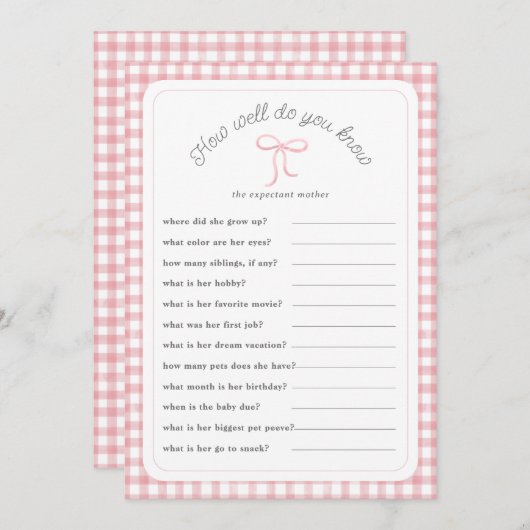 Pink Gingham Wie gut kennen Sie Dusche Game Card? Einladung (Vorne/Hinten)