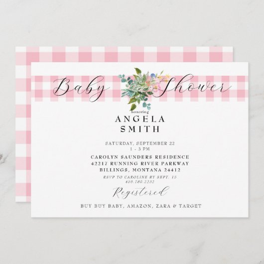 Pink Gingham Wildblume Kinderdusche Einladung (Vorne/Hinten)