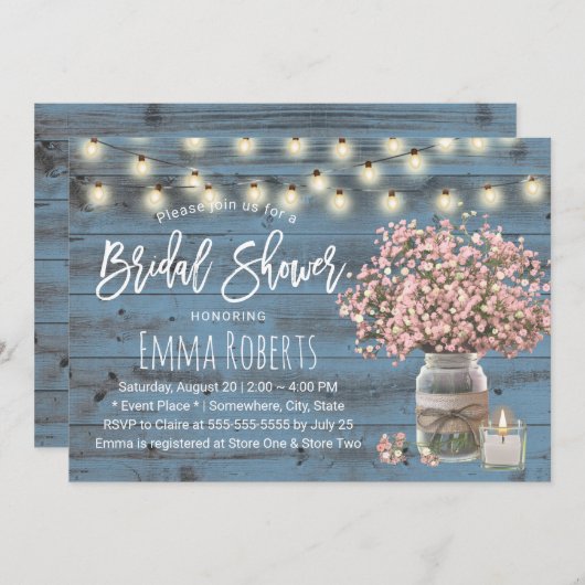 Pink Gipskraut Jar Dusty Blue Brautparty Einladung (Vorne/Hinten)