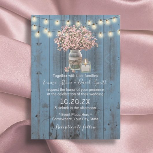 Pink Gipskraut Jar Dusty Blue Rustic Wedding Einladung