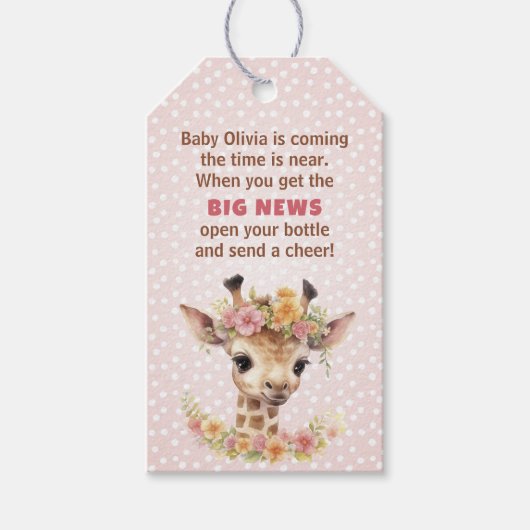 Pink Giraffe Baby Girl Safari Dusche Flasche Gefal Geschenkanhänger (Vorderseite)