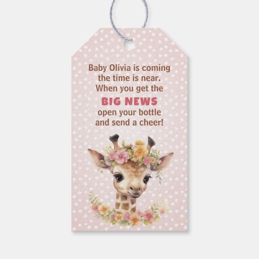 Pink Giraffe Baby Girl Safari Dusche Flasche Gefal Geschenkanhänger (Rückseite)