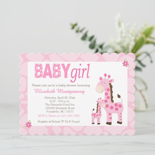 Pink Giraffe Baby Girl Scalloped 12x18 Einladung (Stehend Vorderseite)
