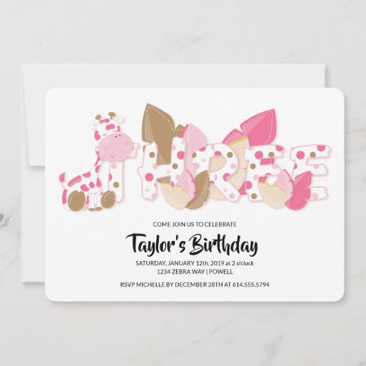 Pink Giraffe Dritte Geburtstagsparty Einladung (Vorderseite)