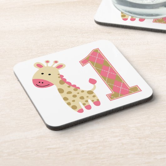 Pink Giraffe Erster Geburtstag Getränkeuntersetzer (Linke Seite)