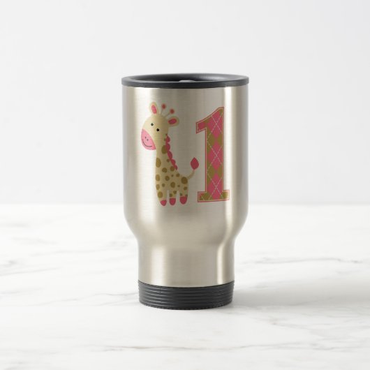 Pink Giraffe Erster Geburtstag Reisebecher (Mittel)