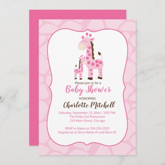 Pink Giraffe Girl Dusche Einladung (Vorne/Hinten)