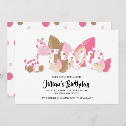 Pink Giraffe Zweite Geburtstagsparty Einladung (Vorne/Hinten)