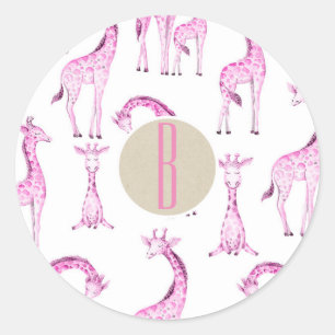 Pink Giraffes Baby Dusche Monogram Gastgeschenk Runder Aufkleber