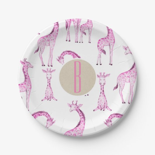 Pink Giraffes Baby Shower Monogram Letter Initial Pappteller (Vorderseite)