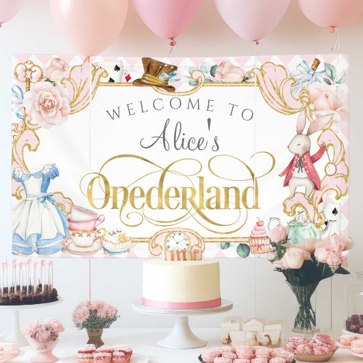Pink Girl 1. Geburtstag, Alice Onederland Themed Banner