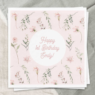 Pink Girl 1. Geburtstag Wildblume und Grün Serviette