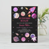 Pink Girl Astronaut Space Baby Dusche Einladung (Stehend Vorderseite)