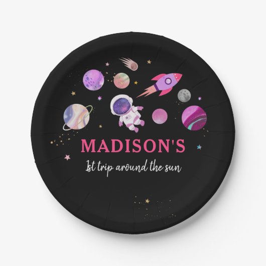 Pink Girl Astronaut Weltraum Erster Geburtstag Pappteller (Vorderseite)