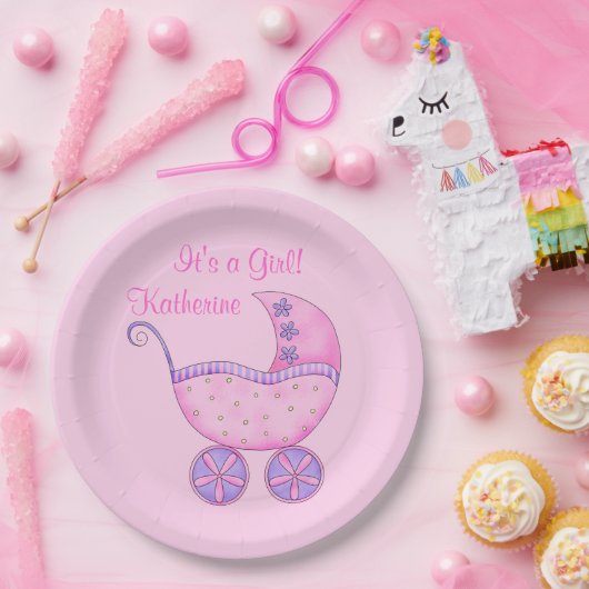 Pink Girl Baby Buggy Ein Mädchenname Personalisier Pappteller (Party)